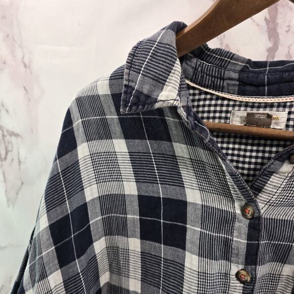 Anthropologie Shirt Womens Small Navy Button Flannel Oversized Boxy Pilcro Plaid - Picture 2 of 13